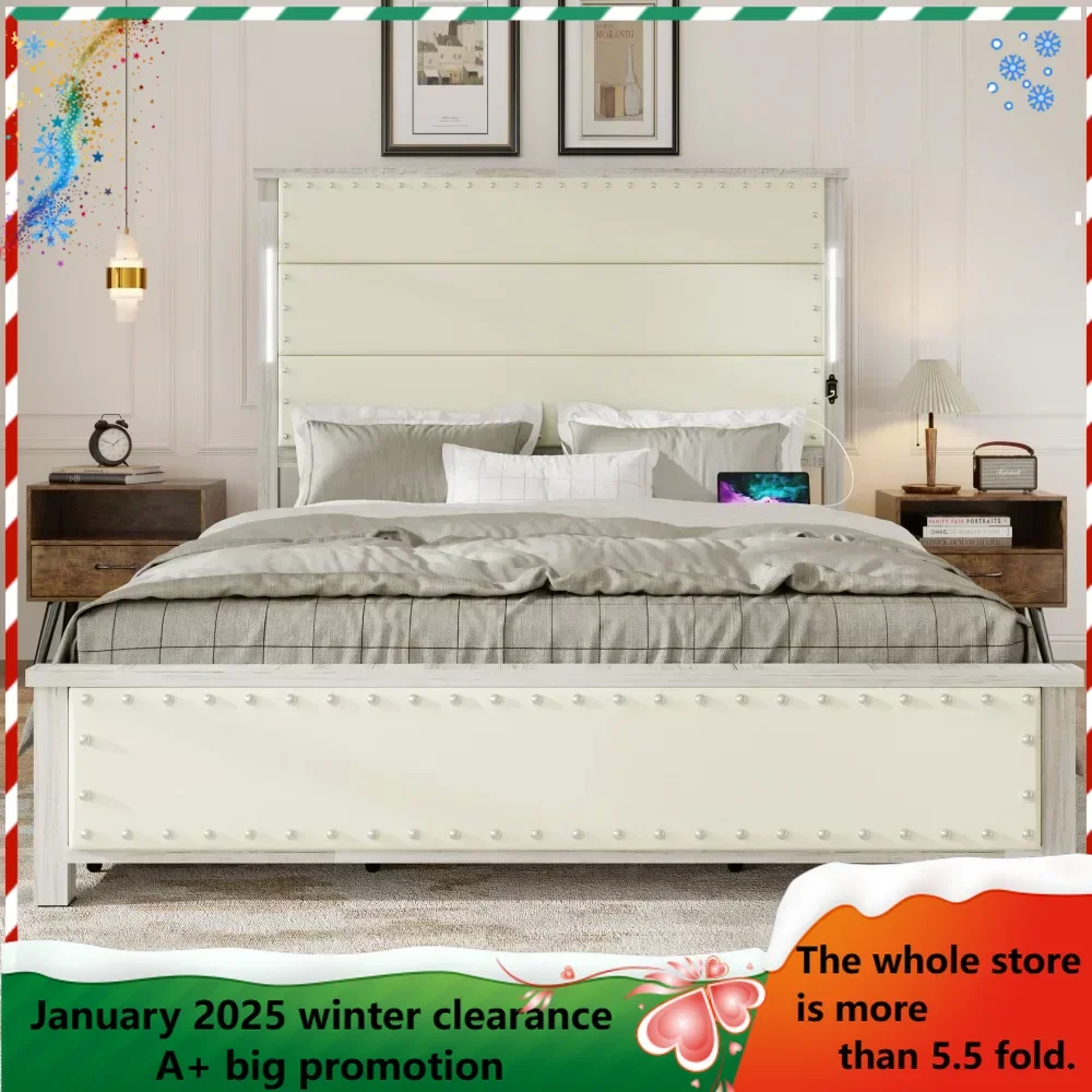 Wooden bed frame with high headboard and 4 storage drawers with LED light and charging stand Robust and durable  Frames