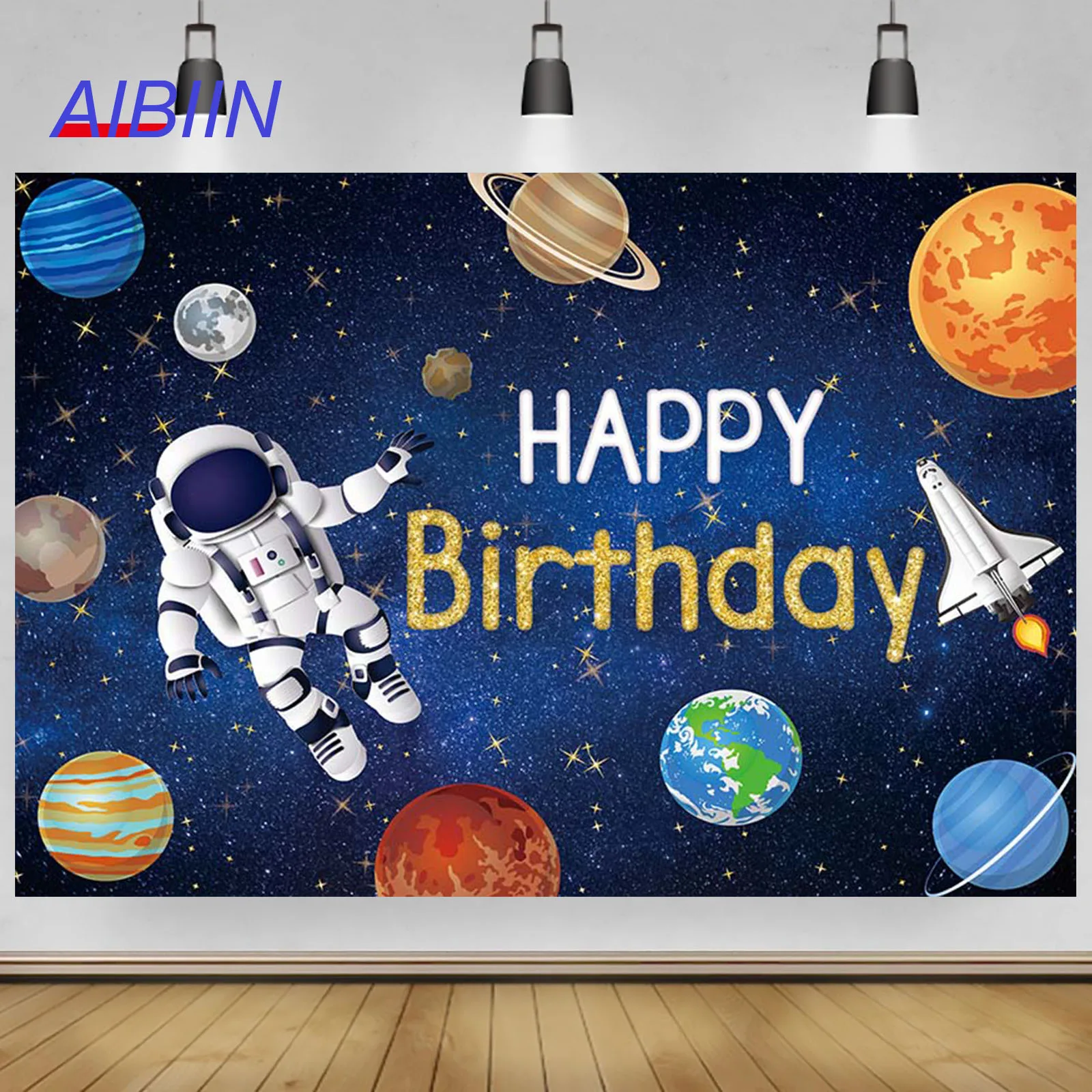 

Outer Space Happy Birthday Photography Background Universe Planet Galaxy Spacecraft Astronaut Baby Shower Backdrop Party Decor