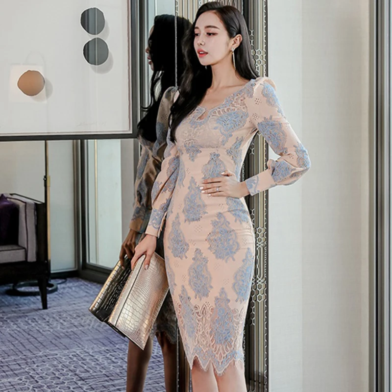 H Han Queen Spring New Elegant Simple Slim Knee-lengtgh Sheath Vestido Women's Flowers Lace Dresses Office Bodycon Pencil Dress