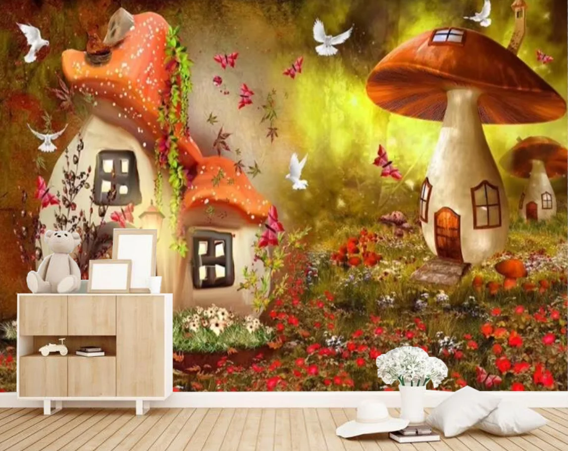 

Индивидуальные обои с мультяшным рисунком для детской комнаты, фотообои с изображением леса, грибов, домика, оленя, белого голубя и цветов.