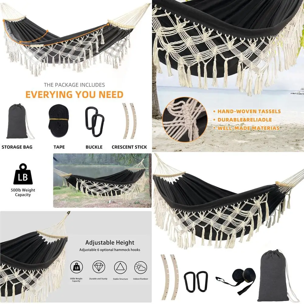 

Двойной гамак-качели для использования на улице и в помещении, до 227 кг, в стиле макраме, черно-серый