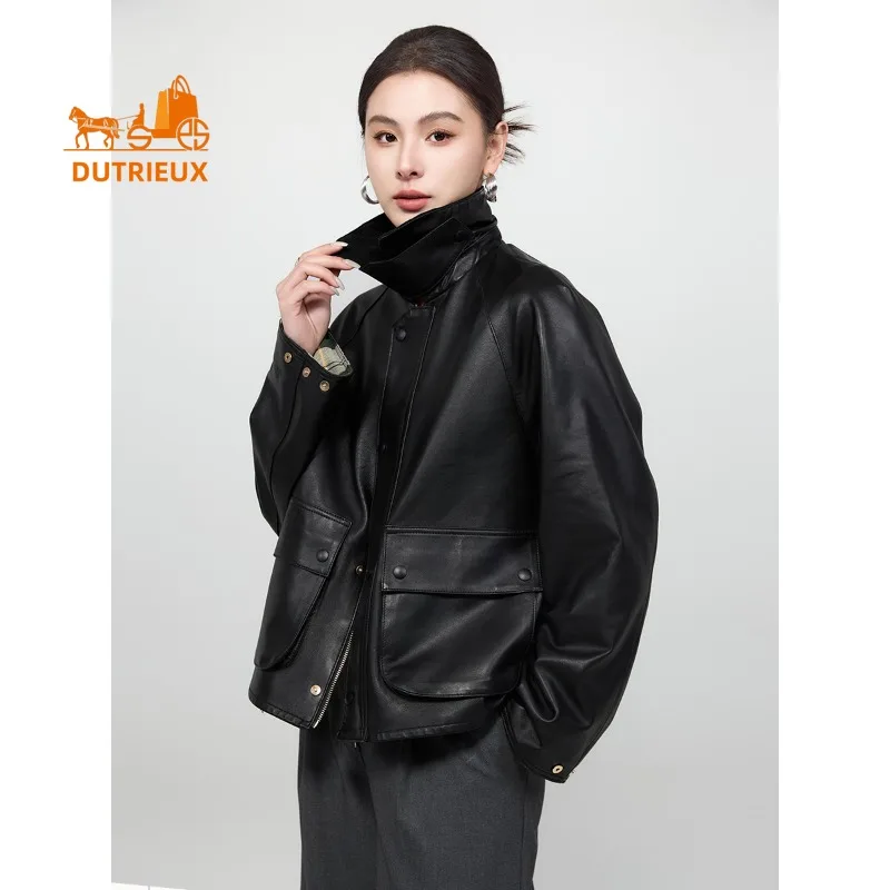 ファッションエレガントな秋冬の豪華な襟付き本革ジャケット女性用、100％本物の羊革、女性用のゆったりとしたカジュアルコート