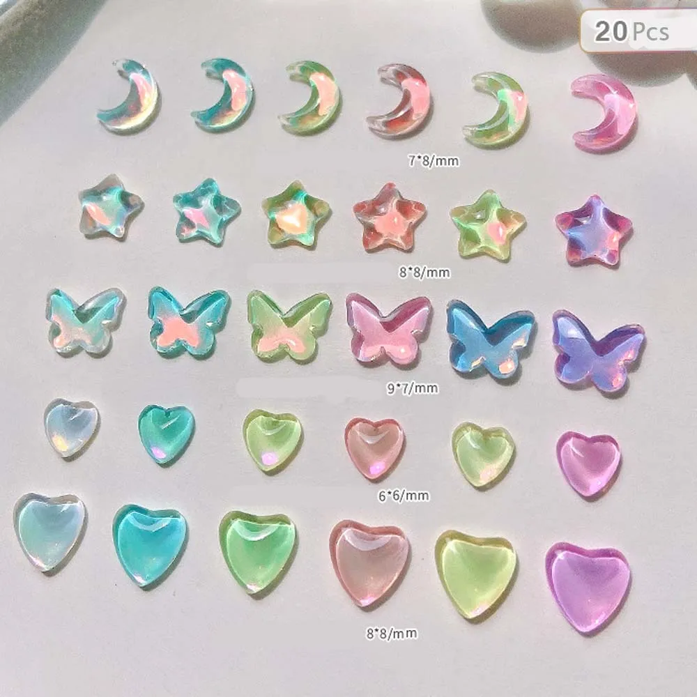 

20pcs Mocha Crystal Nail Art Charms 3D Transparent Butterflies Moon Heart Nail Rhinestones Kawaii DIY Manicure Accessories