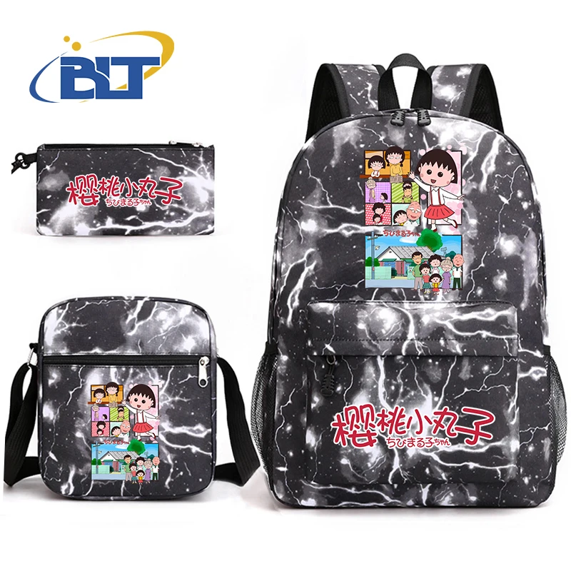 MINISO Chibi Maruko-chan printed student school bag set Children's pencil case backpack shoulder bag three-piece set