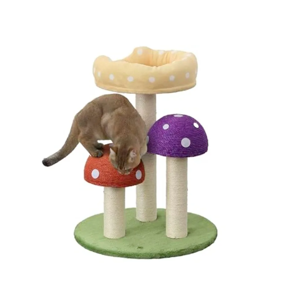 

22.5" 3-Tier Cottage Sisal Mushroom Cat Tree with Scratching Posts, Napping Perch, and Dangling Bell Toy, Multi