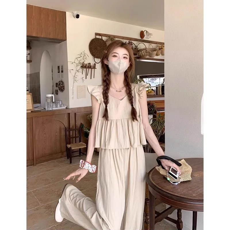 

Casual Fashion Suit Women Summer 2024 New Loose Trousers + Sleeveless Tops Two Piece Solid Colour Thin Sweet Women's Pant Set