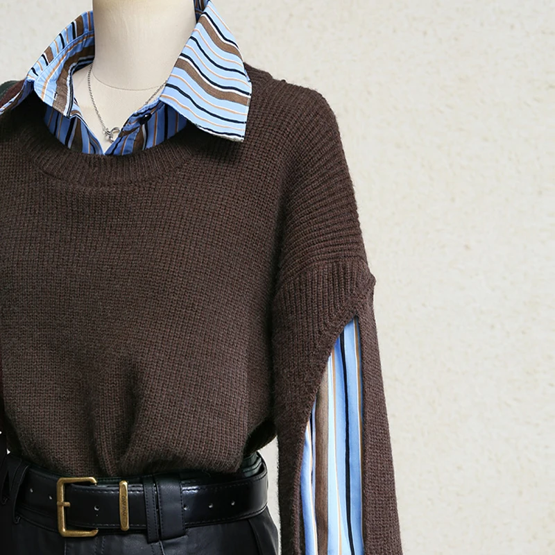 Fake Two Pieces Patchwork Pullovers for Women Color Blocking Hollow Out Turn Down Collar Knitted Sweater Versatile Knitwear Tops