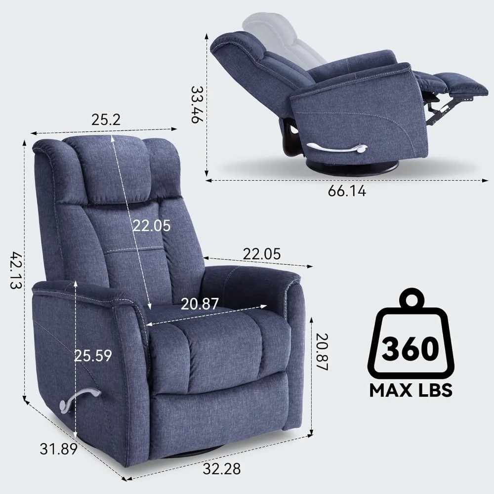 360° Swivel Rocking Recliner, Manual Comfy Nursery Glider Rocker Chair for Indoor Bedroom, Upholstered Soft Fabric