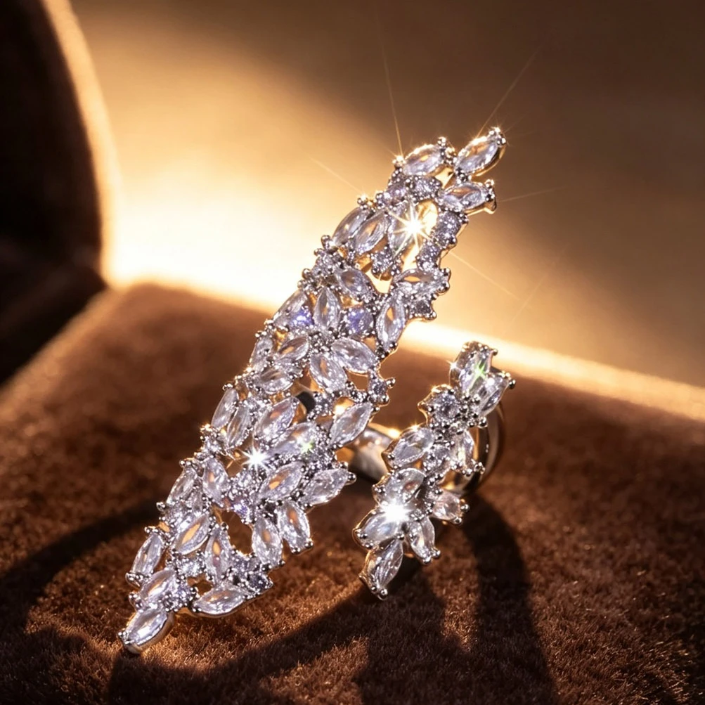 Women Open Cuff Statement Ring Marquise Cut Synthetic Zircon Inlaid Silver Tone Long Leaf Shape Finger Ring Luxury Party Fashion Jewelry For Ladies