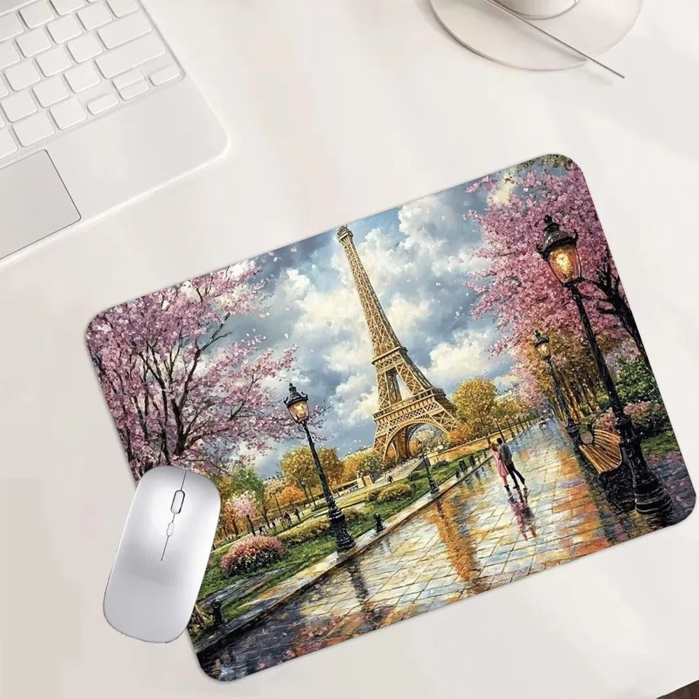 Paris Eiffel Tower Spring Large Gaming Mouse PadXLCherry Blossom Street Scene Desk Mat Extended Mousepad for Romantic Home Decor