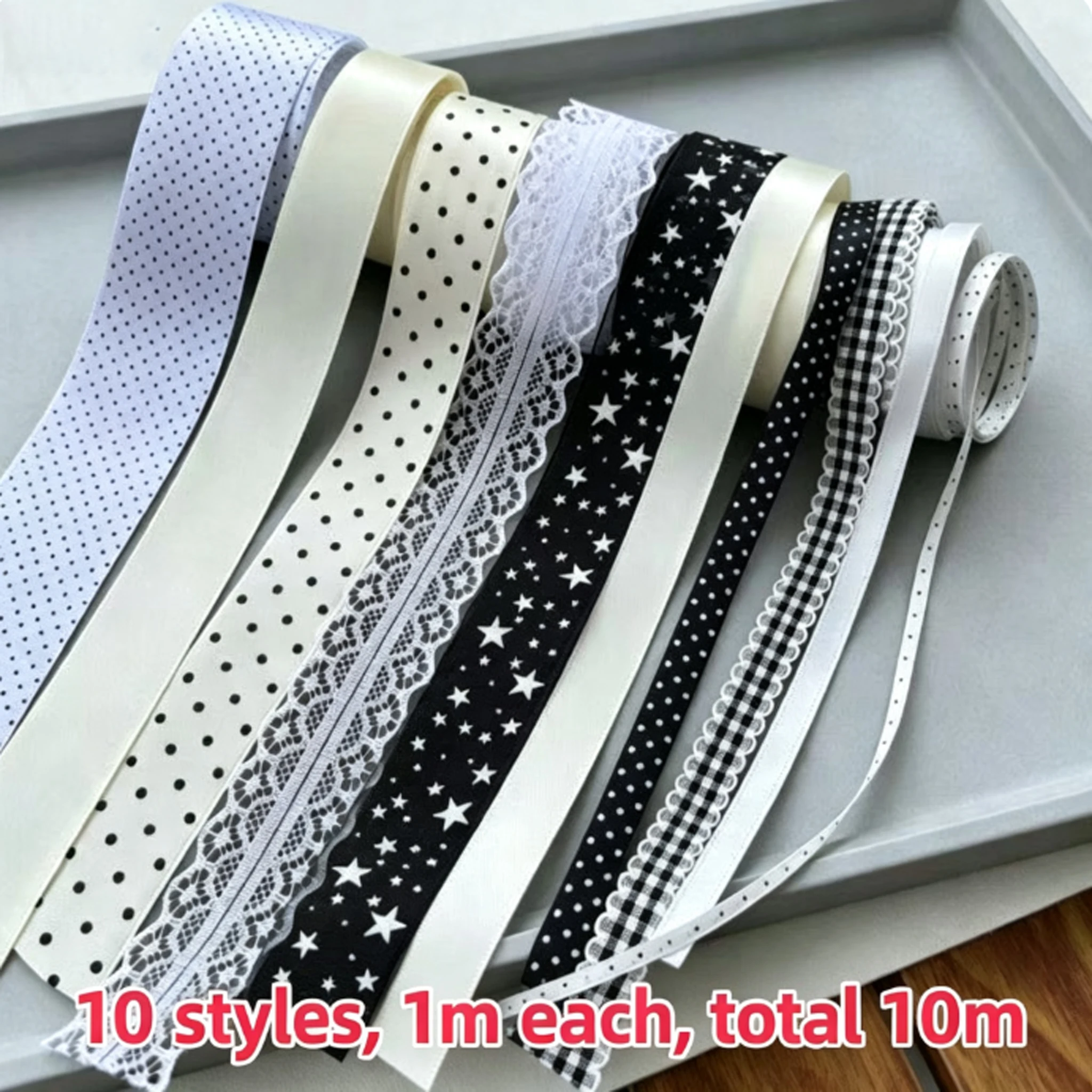 10-teiliges Set aus schwarz-weiß gepunkteten und sternförmigen Spitzenbändern, Geschenkverpackung für Bars, DIY-Verpackung, Hängematerial-Paket – Detail 7
