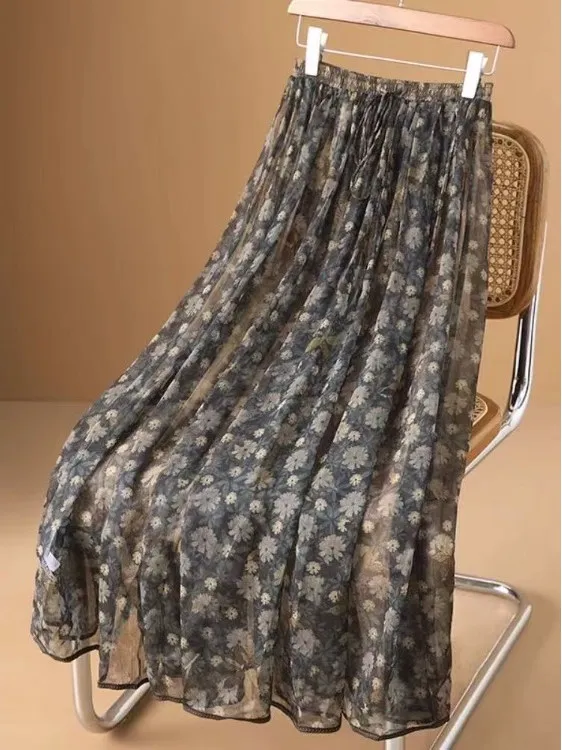 

Высококачественная женская шелковая юбка цвета ромашки, лето 202, новая большая распашная юбка с цветочной сеткой, юбка-миди трапециевидной формы из полиэфирного волокна