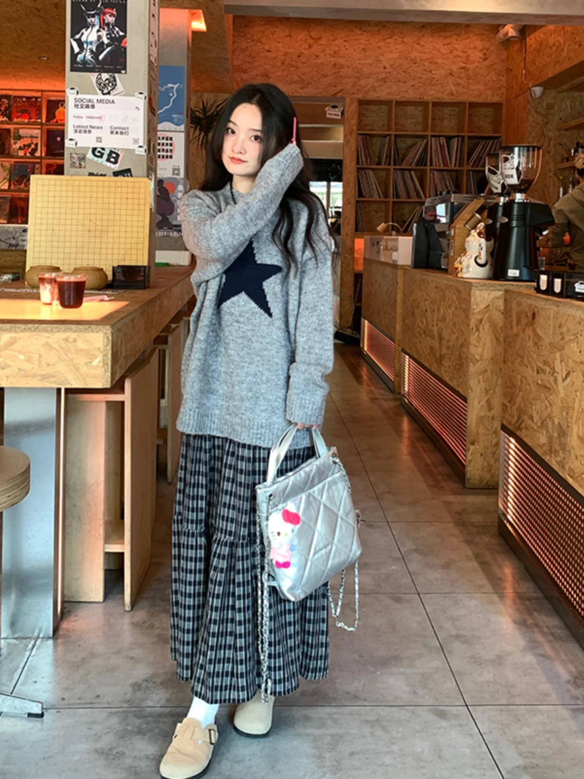 

plus Size Casual Knitted Set Autumn Winter New Style Lazy Star Long Sleeve Sweater Vintage Plaid Skirt Fashionable Ensemble