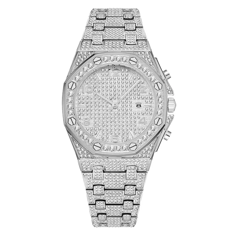 Orologio da uomo orologio da polso con diamanti di lusso impermeabile movimento giapponese quadrante grande cinturino in acciaio Hip Hop strass regalo in oro per orologio da uomo