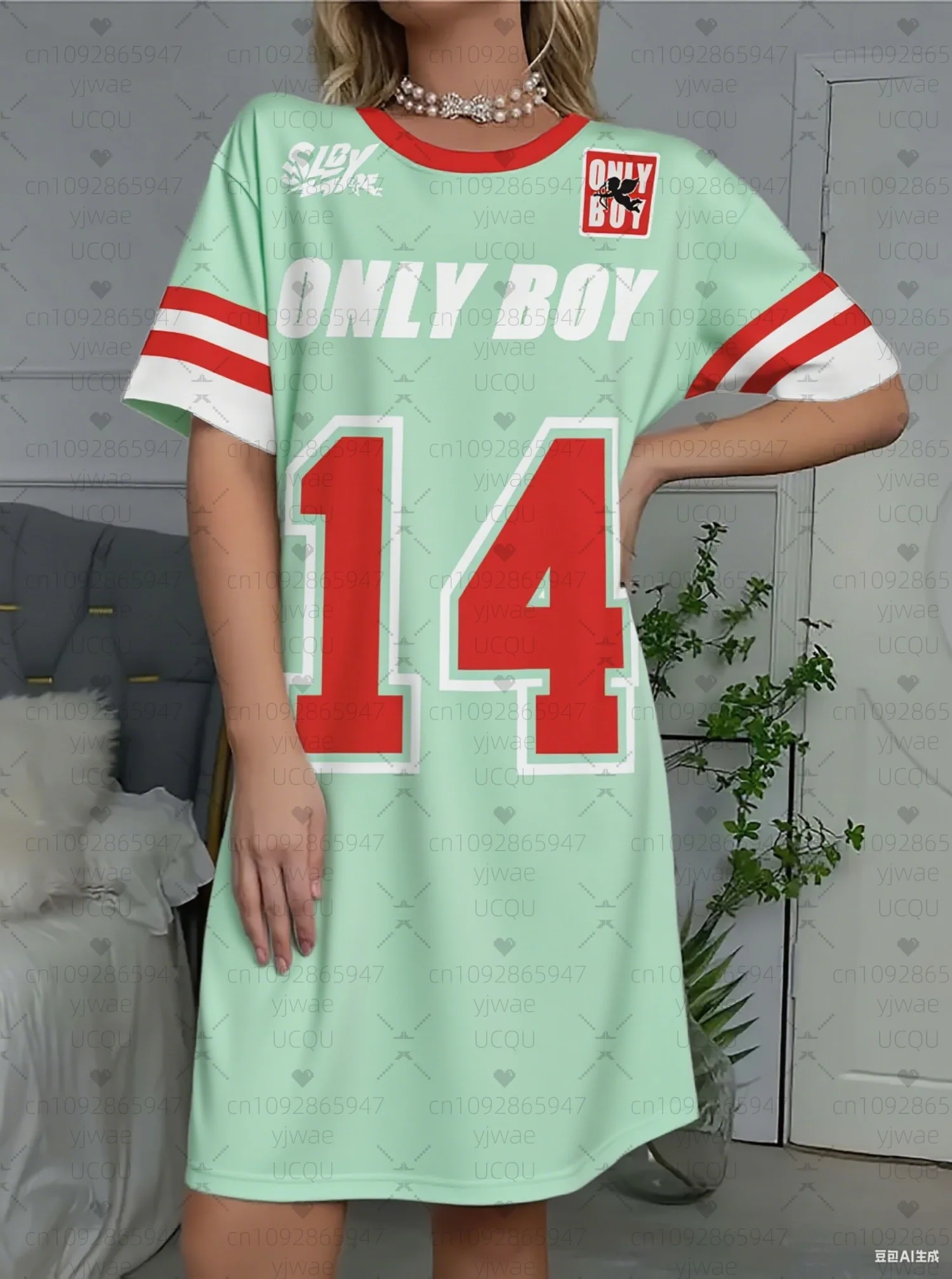 2025 Summer  Women T-Shirt Dress sleep ONLY BOY 14  printed O-Neck Lady Short Sleeve Pullover Dresses Women nightdress