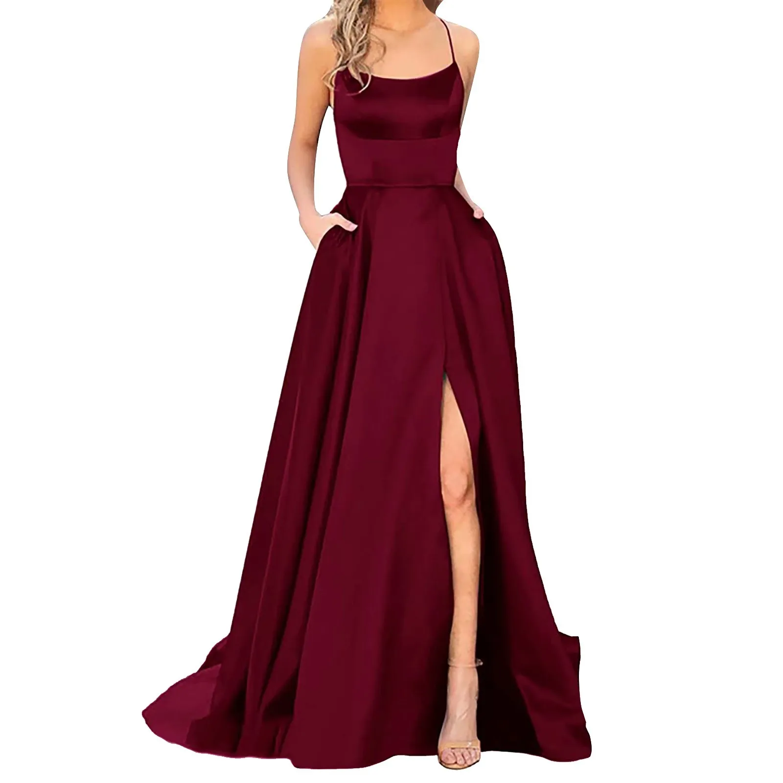 

Sexy Nipped Waist Split Prom Dress Elegant Women Party Night Formal Long Evening Dress Spaghetti Straps Dress Elegant Wedding