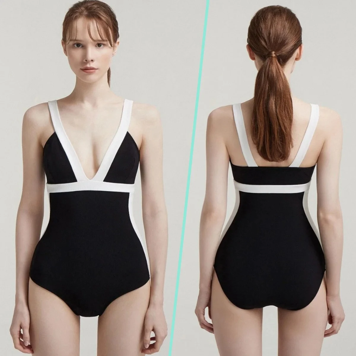 Sexy V-Neck Chic Swimwear 2024 Women Black and White Patchwork Push Up Swimsuit Cut Out One Piece Hot Spring Bikini Bathing Suit