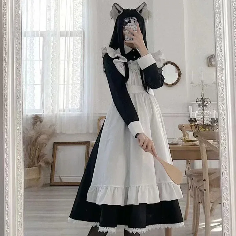 A Women's Classic Lolita Maid Dress Vintage Inspired Women's Outfits Cosplay Anime Girl Black Long Sleeve Dress S-3XL