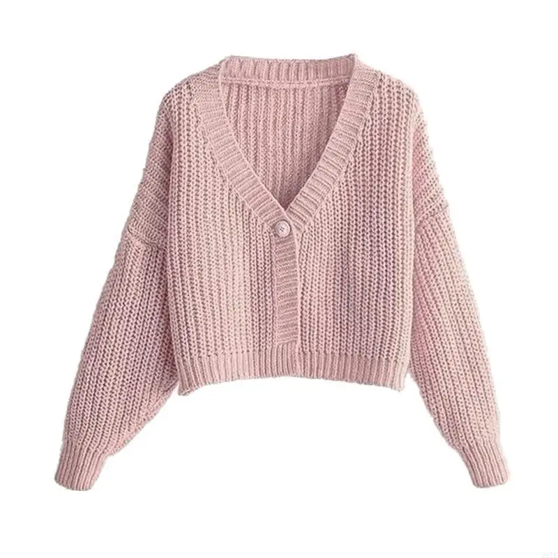 

2025 New Women Chunky Knit Solid Color Sweater Long Sleeve Button Cropped Cardigan