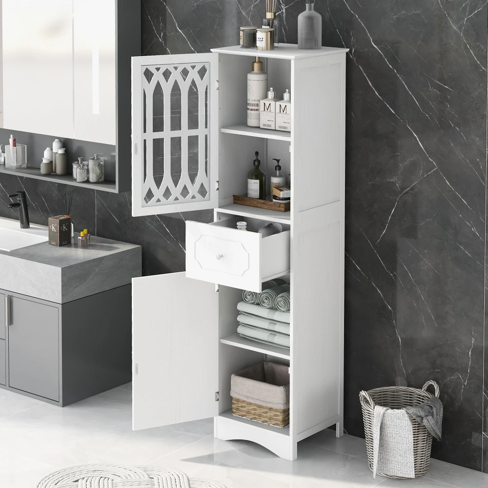 Tall Bathroom Cabinet, Freestanding Storage Cabinet with Drawer and Doors, MDF Board Acrylic Door,Shelf White Bathroom Furniture