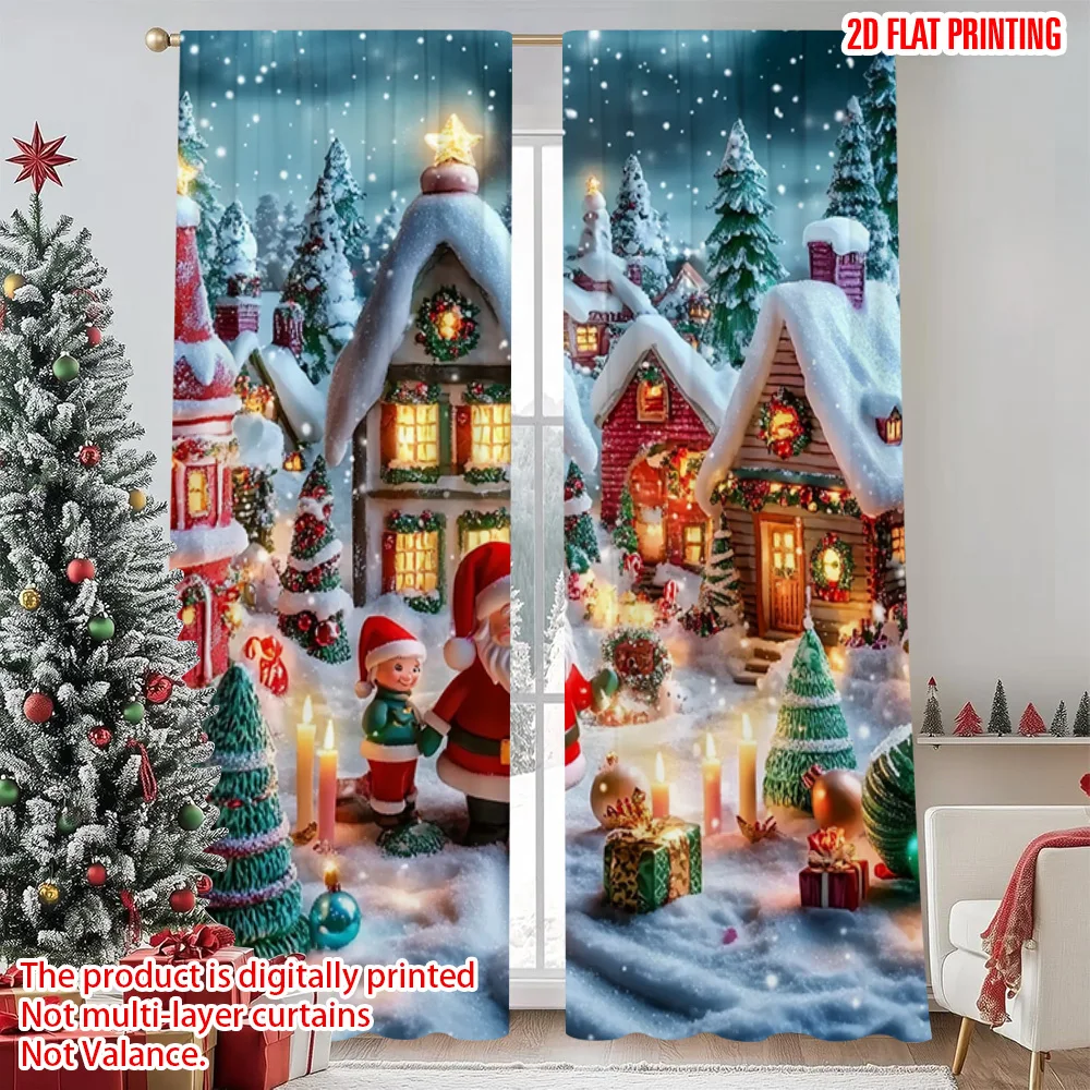 

2pcs 2D flat printing Merry Christmas Party Curtains Christmas Forest Versatile Polyester Fabric Without Electricity Spring
