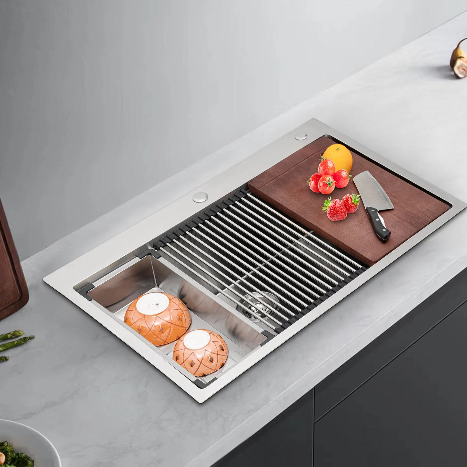 

Stainless Steel Sink, 33 Inch 304 Single Bowl Kitchen Sink with Dual Drain Pipes, Large Undermount Sink for Commercial Use