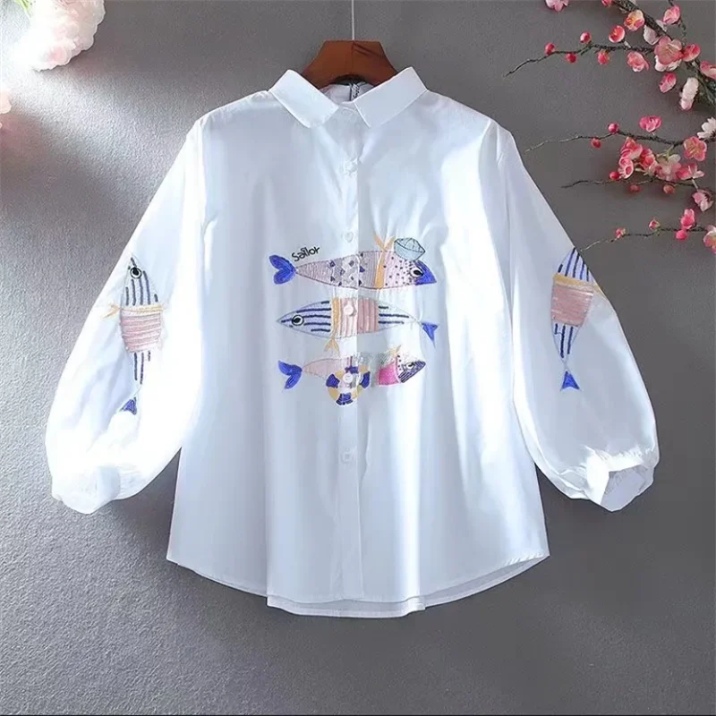 White Embroidered Shirt Female Blouses Summer Woman Clothes Shirts Loose Blous Laple Cardigan Blouses 3/4 Sleeves Ladies Blous