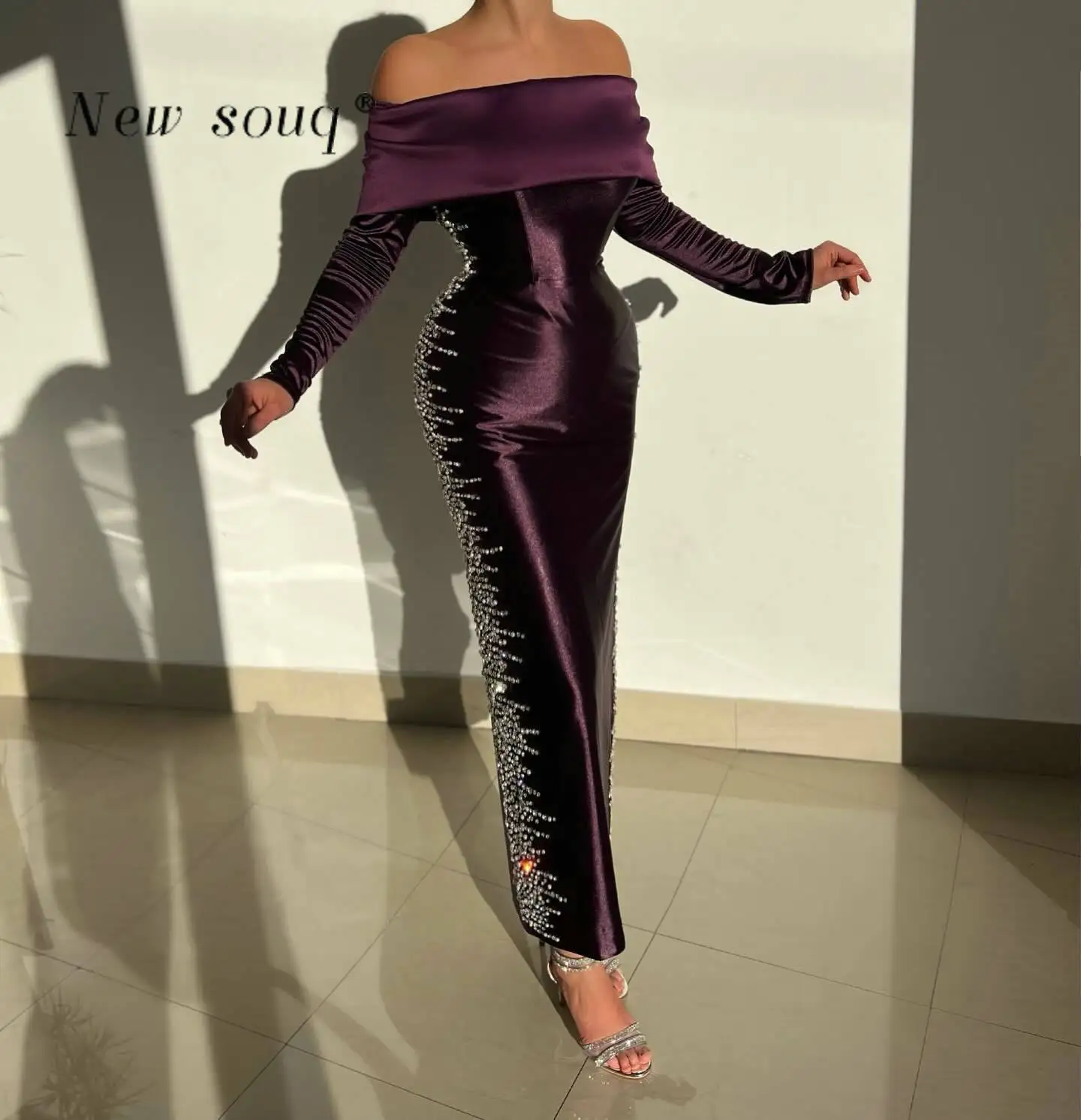 Eggplant Purple Off Shoulder Long Sleeves Evening Dresses Elegant Ankle Length Satin Mother of Bride Gowns for Weddings