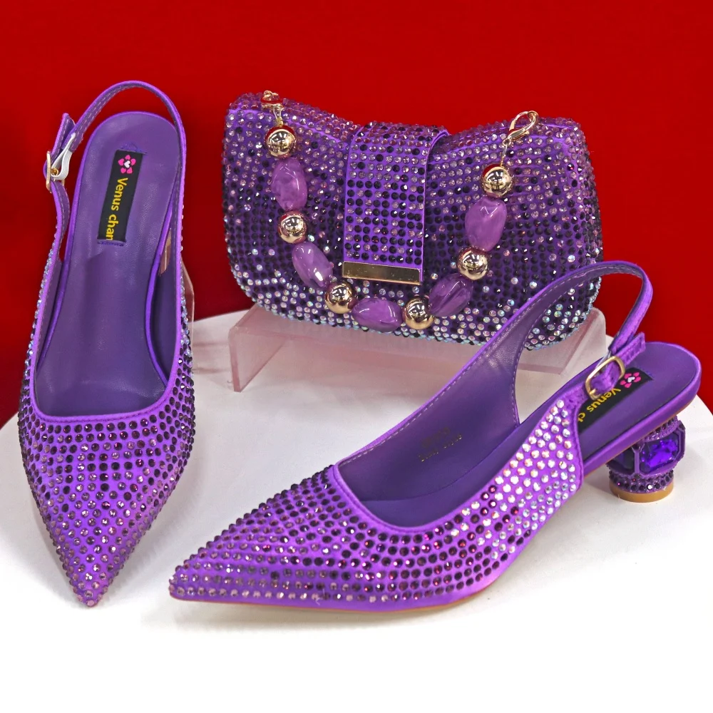 Glamorous Purple Color Occasions Party Wedding Lady Shoes and Bag Set In Stock Elegant Heels with Matching Purse