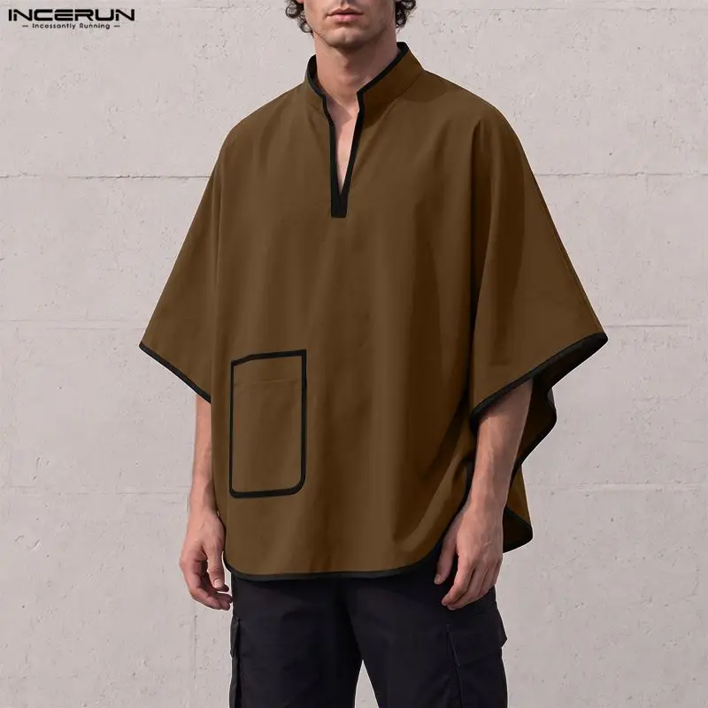 INCERUN Men's Shirt Patchwork Cloak Ponchos V Neck Loose Casual Men Clothes Streetwear Oversize 2026 Vintage Cape Tops For Man