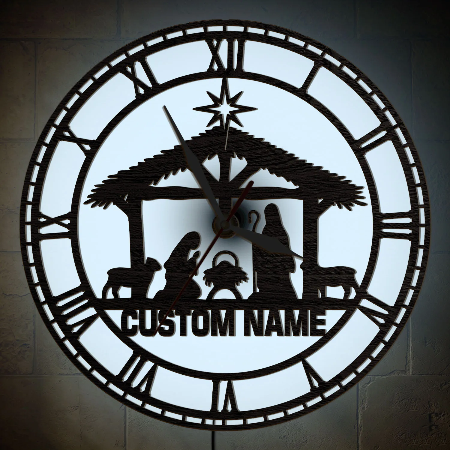 Custom Name Nativity Scene LED Wall Clock Christmas Holy Silhouette RGB Color Changing Light Up Wall Clock Religious Home Decor