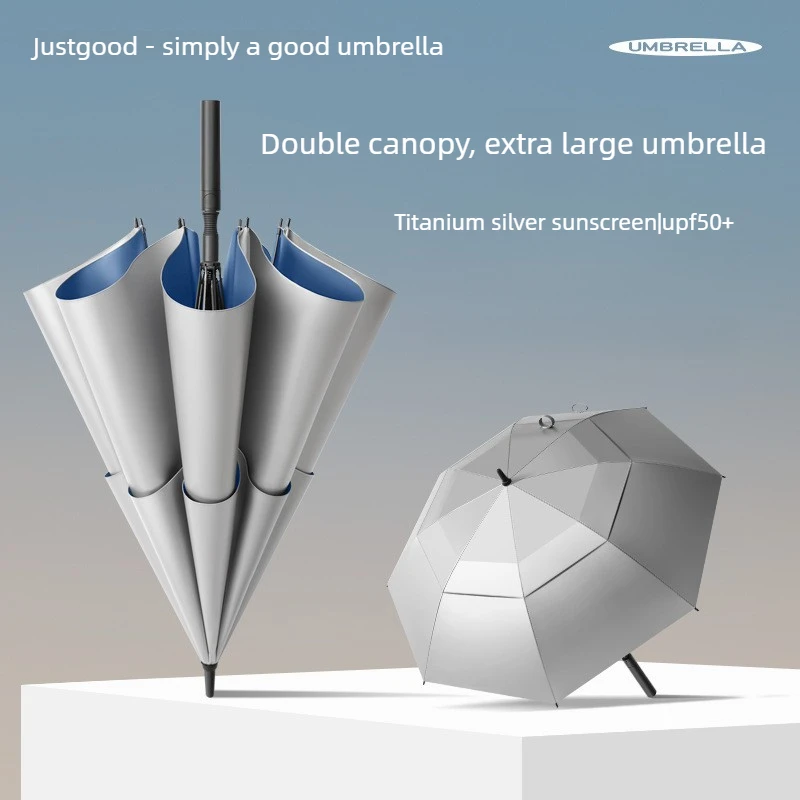 Double Canopy Titanium Coating Golf Umbrella, Large Windproof Rain & Sun Parasol, Automatic Long Handle Umbrella for Outdoor