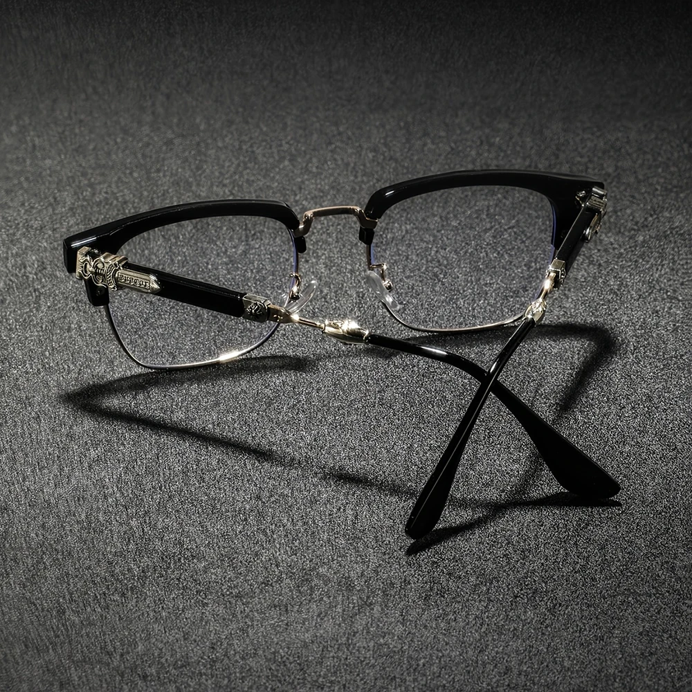 2/3 Stück Luxuriöse Kreuzgravierte Halbrahmen-Brille für Damen und Herren Retro Quadratische Blaulichtfilter-Brille Vintage Metall-Computerbrille – Detail 6