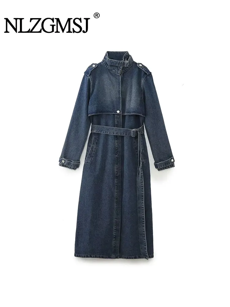 TRAF 2023 Autumn Mid-length Denim Trench For Women Belt On Waist Loose Lapel Windbreaker Female New