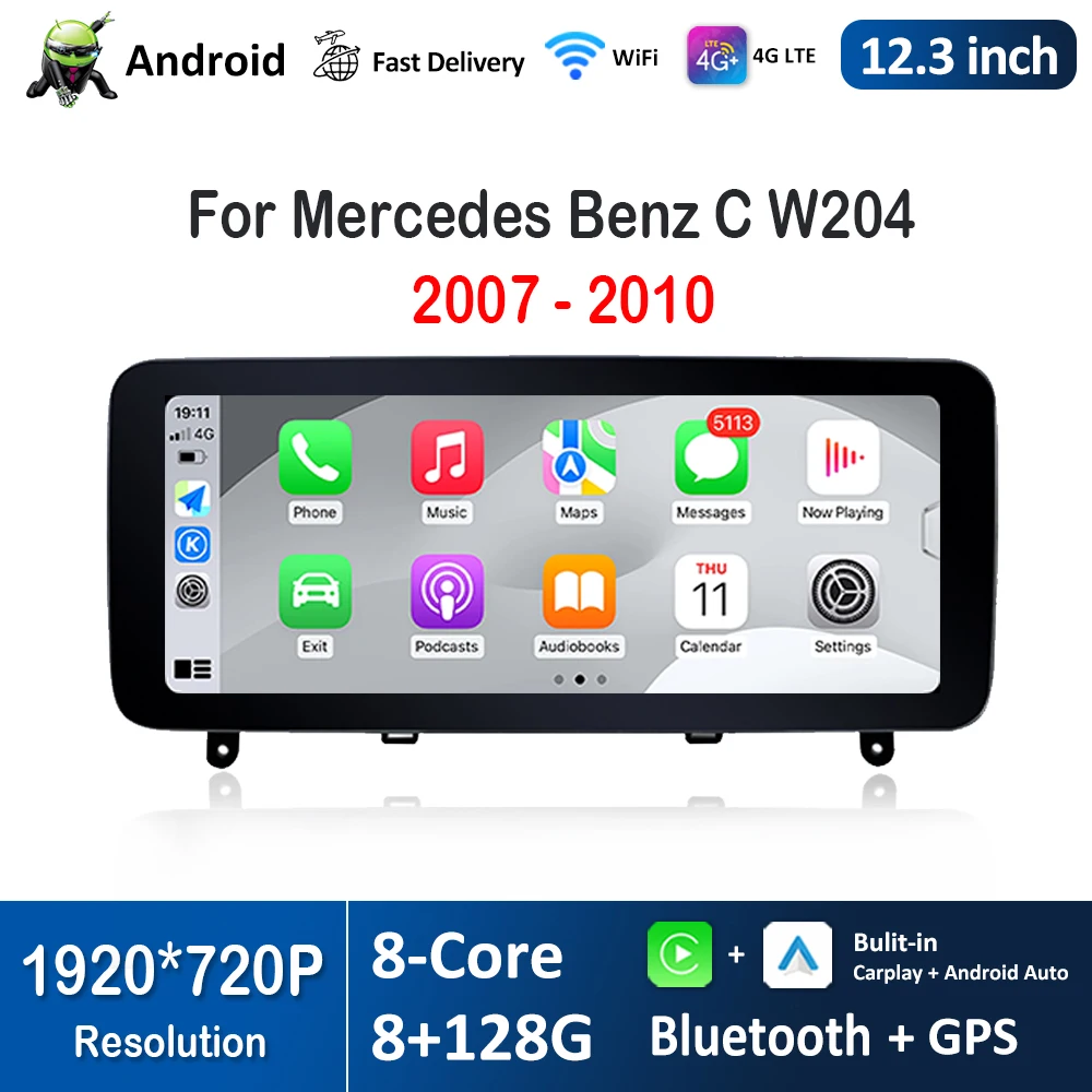

12.3 inch Android Car Radio Video Multimedia Player HD Touch Screen for Mercedes Benz C W204 2007- 2010 4G WiFi Bluetoot GPS