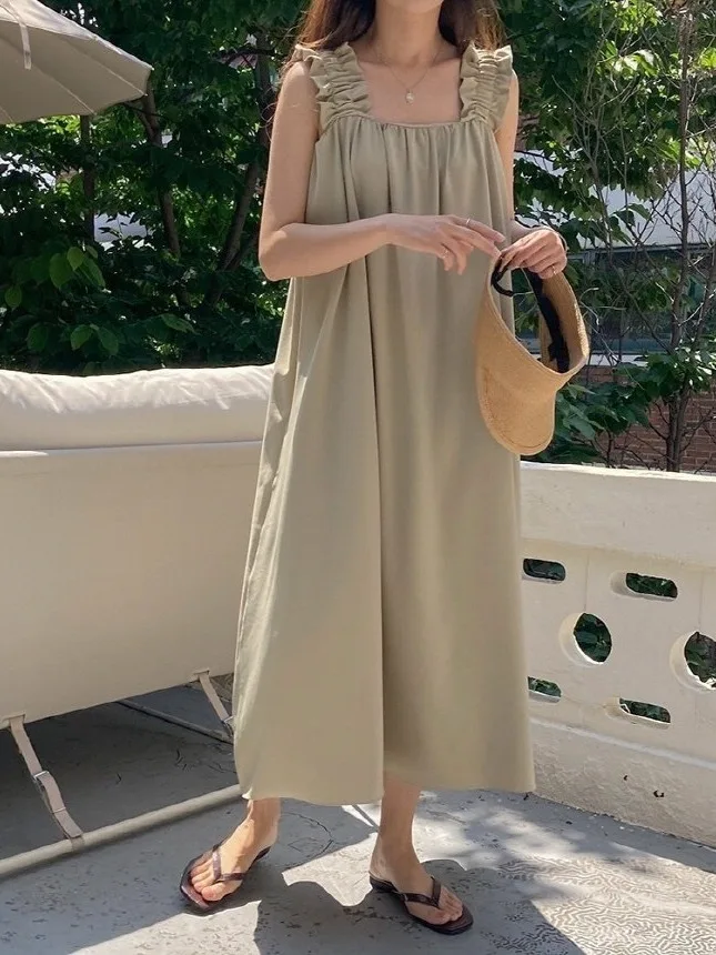 Dongda Gate No-oulder Large Skirt Length Over-knee Strap Dr Versatile Commuting Sle Svel Long Dr Square Collar