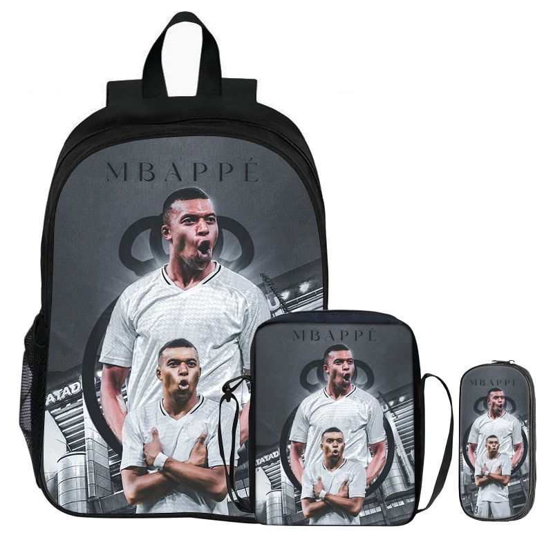M-Mbappe Kids 3Pcs Set Backpack Student School Shoulder Bag Pencil Bags Bookbag Football Star Rucksack Best Gift