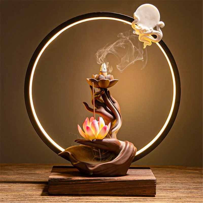 

Creative Ceramic Reflux Incense Burner Zen Incense Table LED Lamp USB Plug Bergamot Guanyin Lotus Lamp Circle Home Decorations