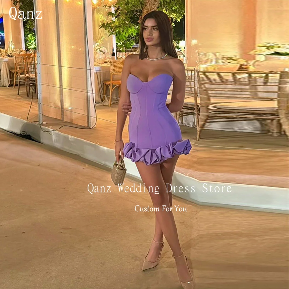 

Qanz Purple Mini Prom Dresses Sweetheart Sexy Vestidos Para Eventos Especiales Satin RufflesBirthday Party Gowns Customized