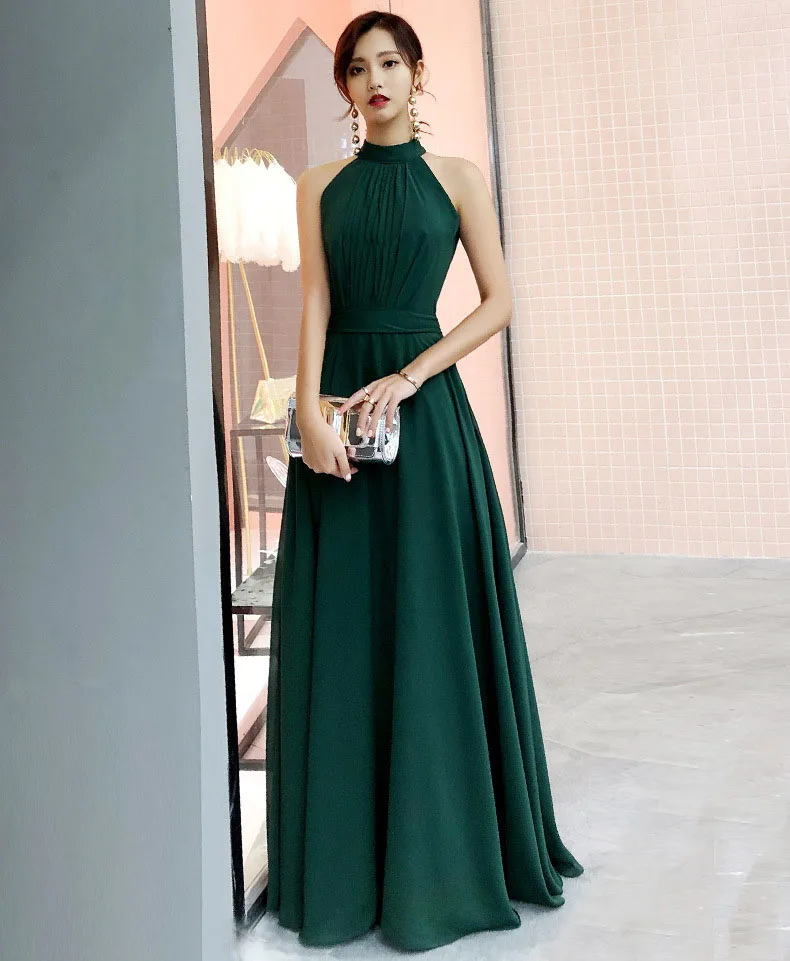 Green long halter sweat lady girl women princess bridesmaid banquet party ball prom dress daily wear gown