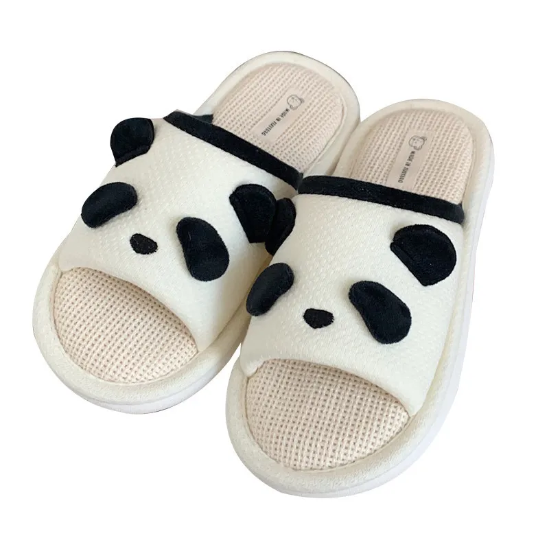 Zapatillas de lino antideslizantes para mujer, pantuflas cómodas y suaves con dibujos de Panda, para las cuatro estaciones, 2024