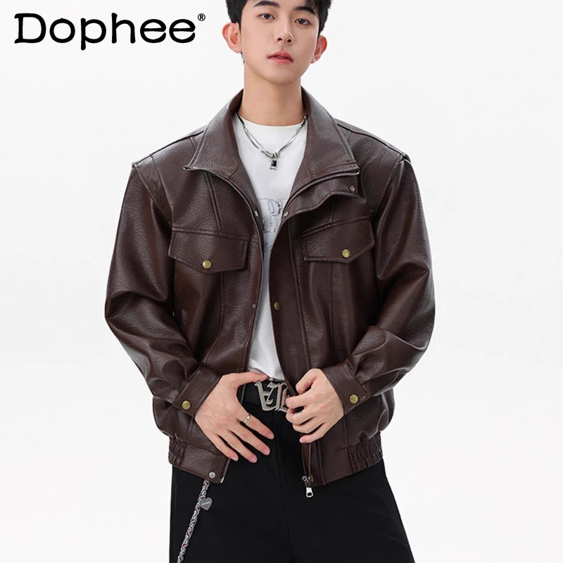 

Men's 2025 Autumn New Loose Thickened Windproof Stand Collar PU Leather Jackets High Street Motorcycle Jacket Faux Leather Coats