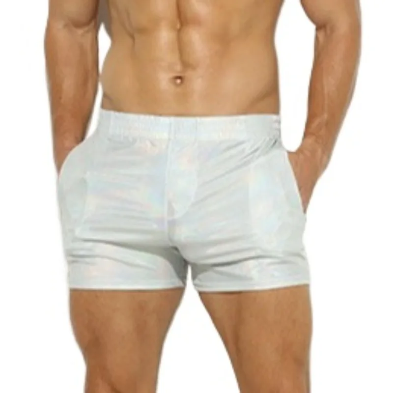 

Men's Slim Fit Faux Leather Elastic Waist Boxer Briefs Silver Black Wet Look Sexy Underwear with Pouch Beach Shorts Style