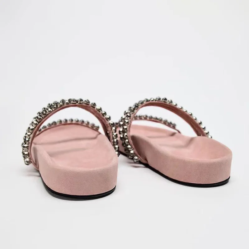 TRAF Rhinestone Line Flatform Slippers For Woman Outdoor Round Head Open Toe Thick Sole Sandals Women Soft Rough Insole Shoes