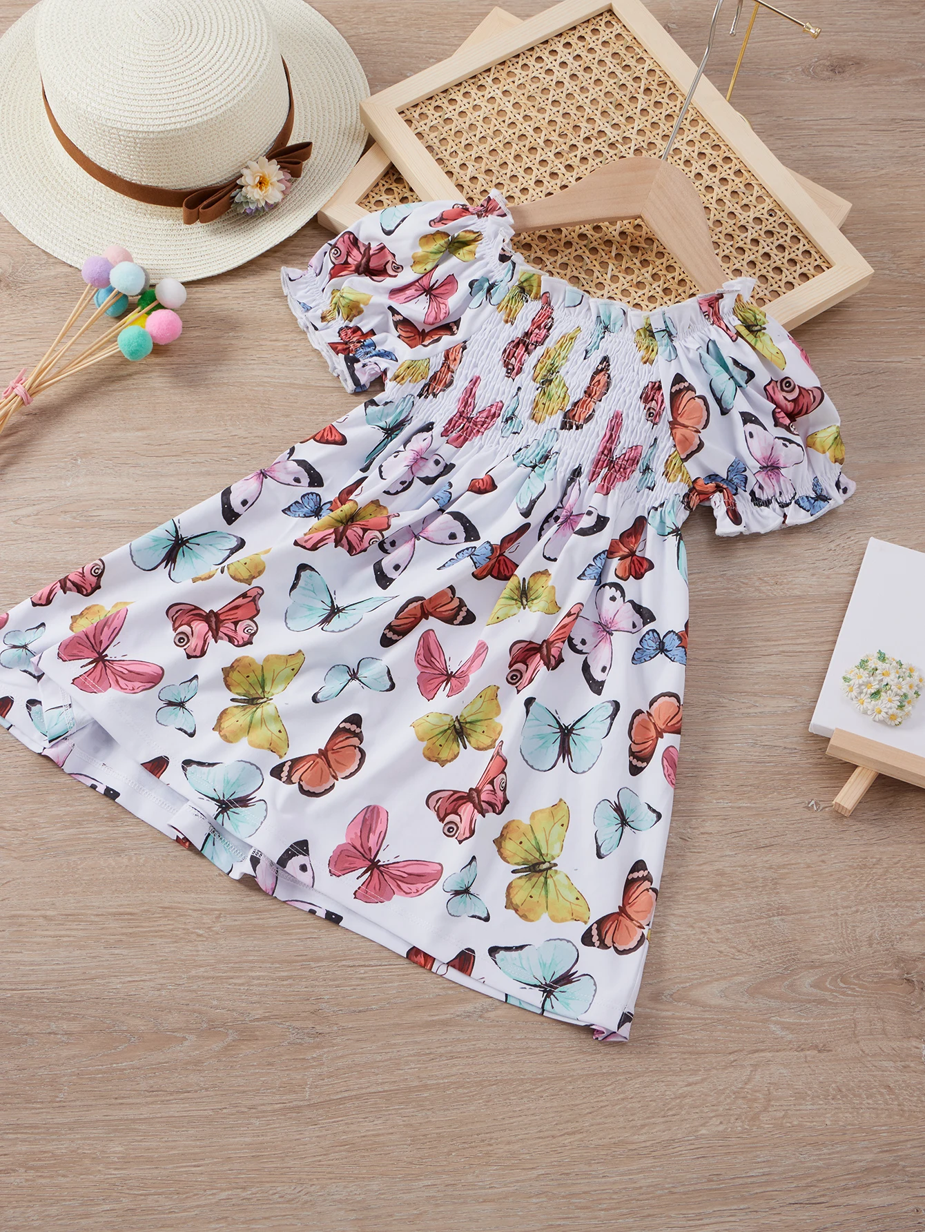 Spring colorful butterfly print girls\' dress - comfortable short sleeves and pleated neckline design