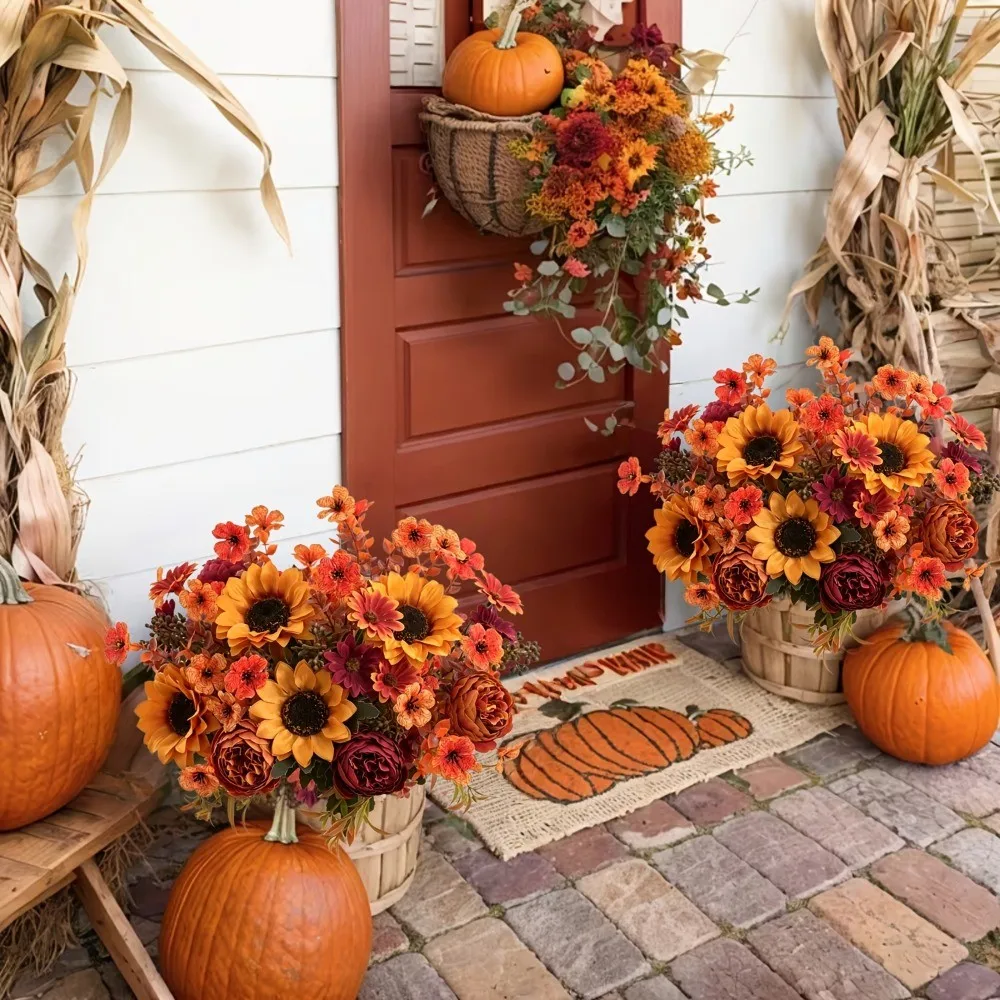 35 cm Künstlicher Seidenblumenstrauß, Sonnenblume, Gänseblümchen, Kunstblumen-Arrangement für Thanksgiving-Dekoration, Herbstdekoration für Zuhause und Hochzeit im Freien – Detail 5