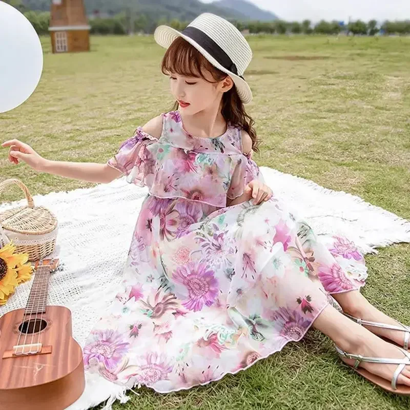 Bohemian Summer Girls Dress Kids Girl Beach Dresses Chiffon Kids Dresses Floral Teenage Girls Summer Clothes 6 8 10 12 14 Year