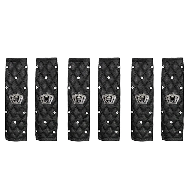 PU Leather Car Seat Belt Cover Shoulder Seat Belt Pad Rhinestones Crown 6 PCS Adults Youth