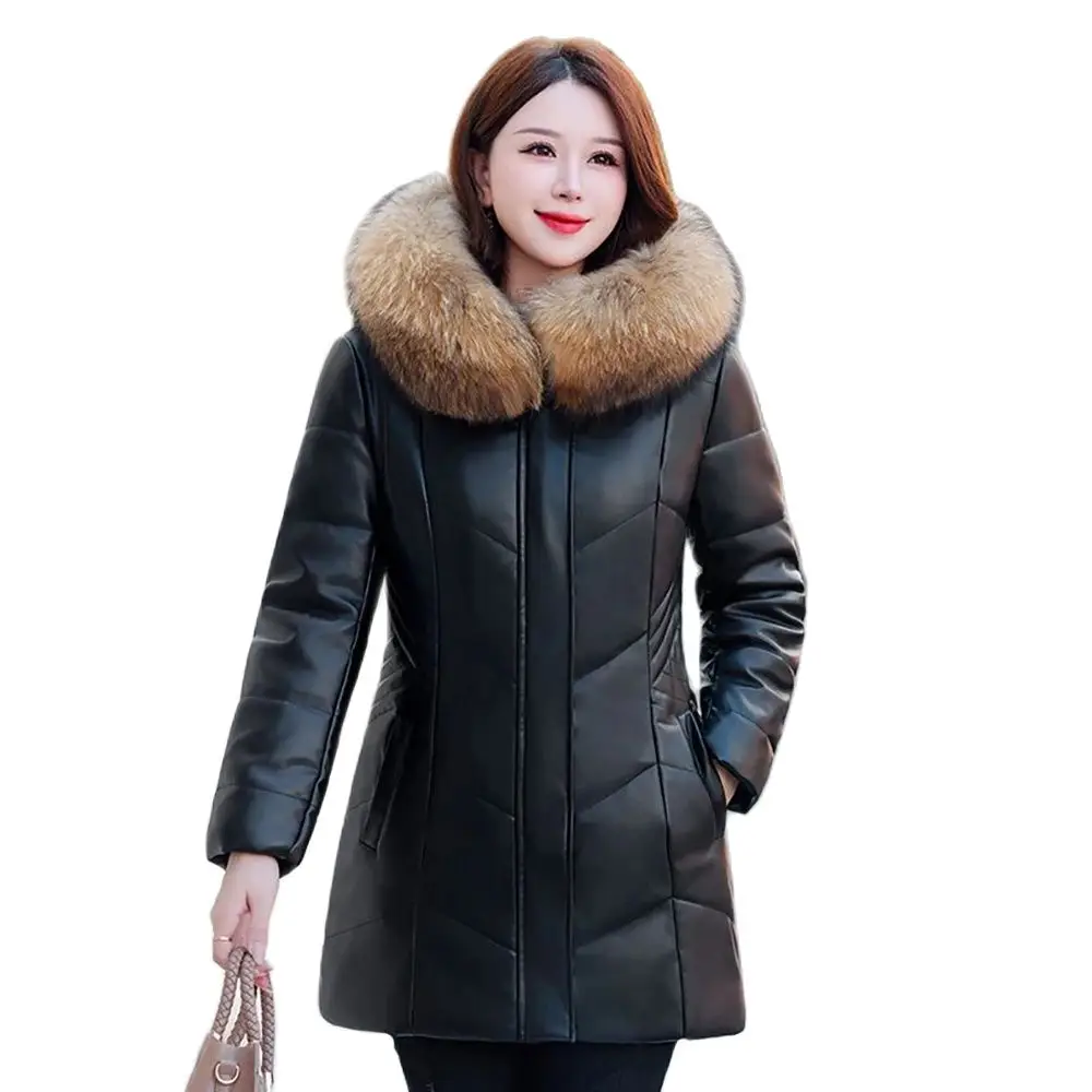 Leather Coat for Women, Cotton Padded, Long Fleece, Warm, Middle-aged and Elderly,Feminine Temperament, Fashion Clothing, Winter