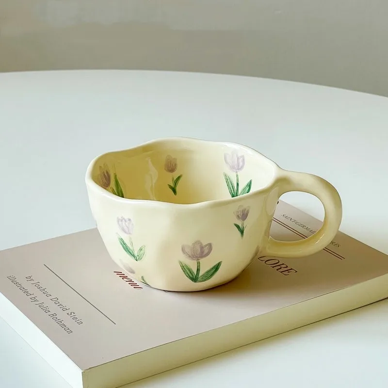 [Hot Sales] Hand-Hold Irregular Flower Ceramic Cup, Coffee Cup, Milk Tea Cup, Korean Atomic Breakfast Cup